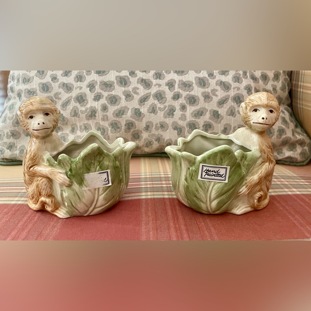 Pair Vintage Fitz and Floyd Chinoiserie Monkey Cabbage Candleholders